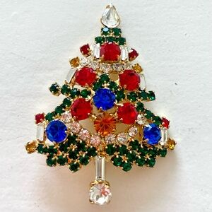 OTC Christmas Tree Brooch Red Blue Green Rhinestone Holiday Pin Vintage Signed